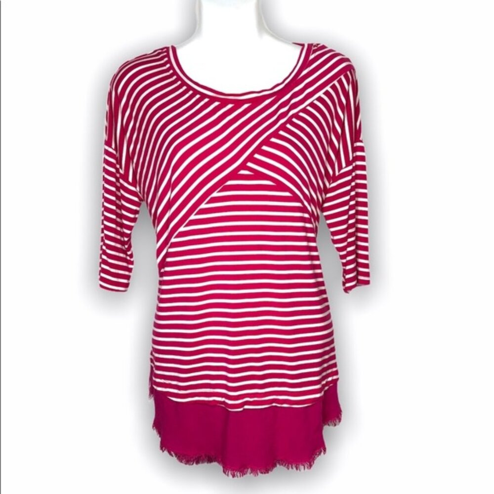 Umgee pink and white striped top raw fringe hem size small